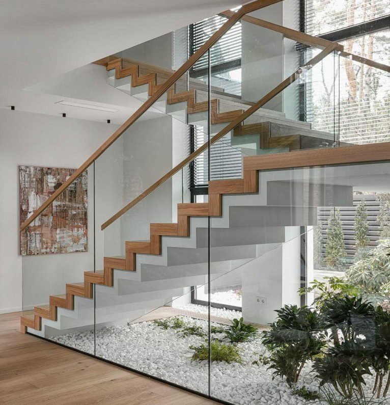 Wood Glass Greenery Straight Staircase