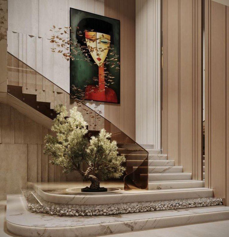 Marble Art Plant Straight Staircase