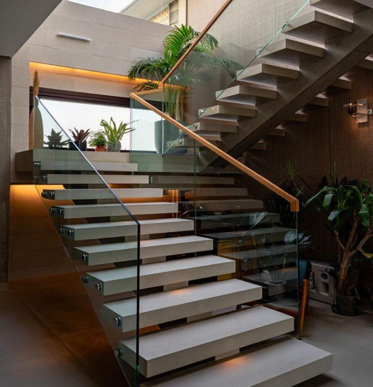 Concrete Glass Wood Straight Staircase