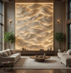 Wave Light 3D Wall Panels feature illuminated wave texture, modern sleek, crafted with light integration, add dramatic charm to contemporary living spaces.