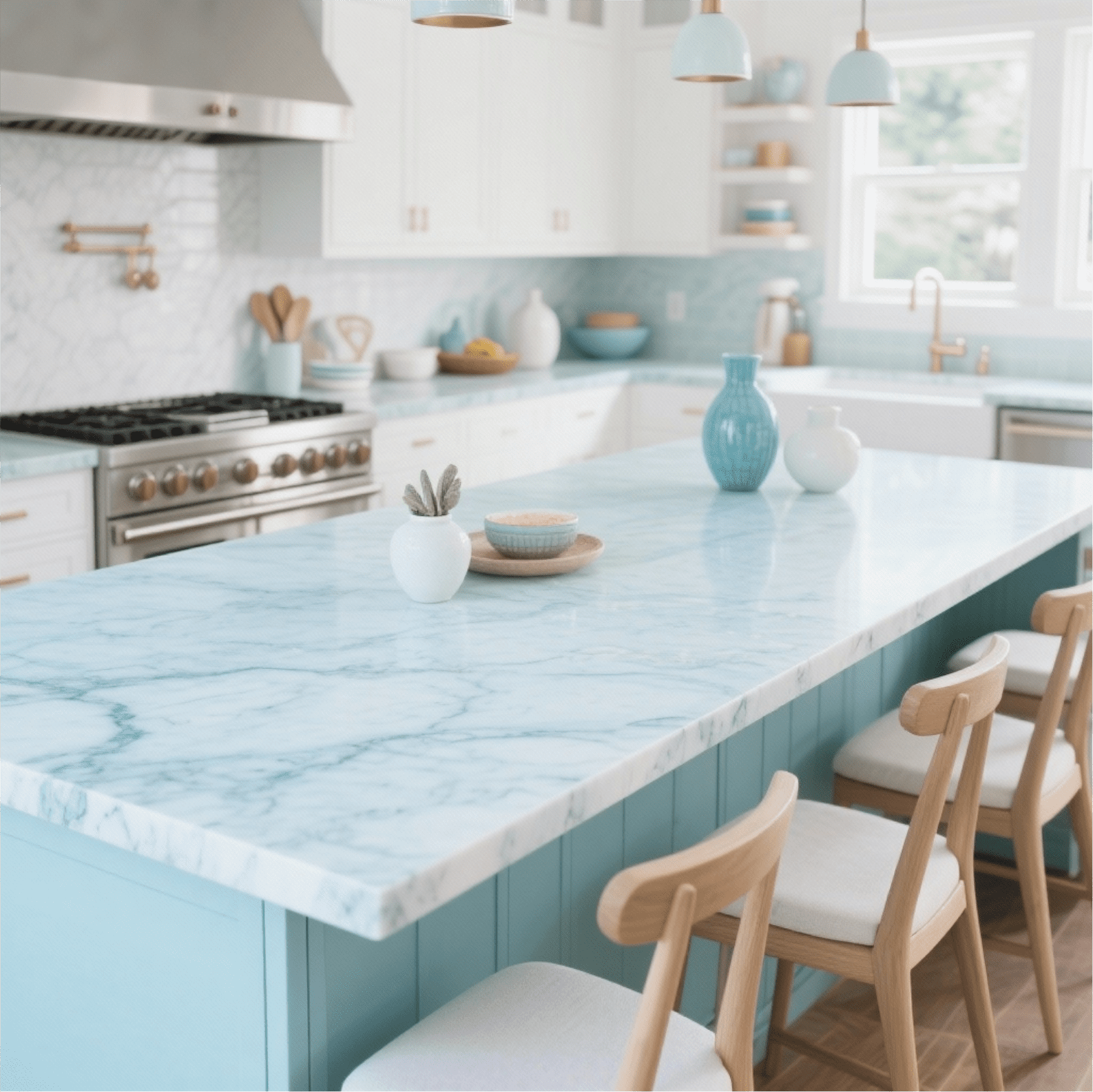 Close-up view of Brazilian Aqua Fusion Quartzite showcasing aqua green, beige, and white veining on kitchen countertop