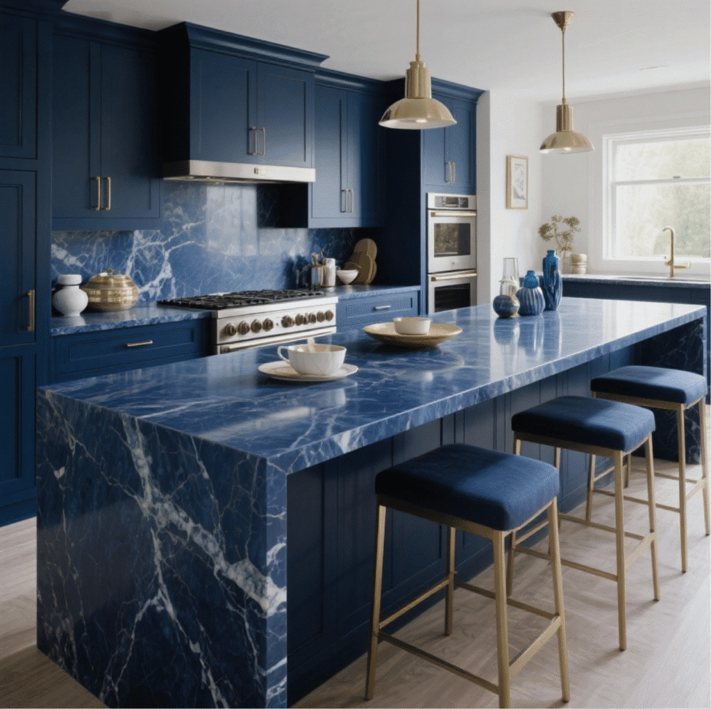 Modern kitchen featuring Aqua Fusion Quartzite countertops and island, highlighting durability and heat resistance