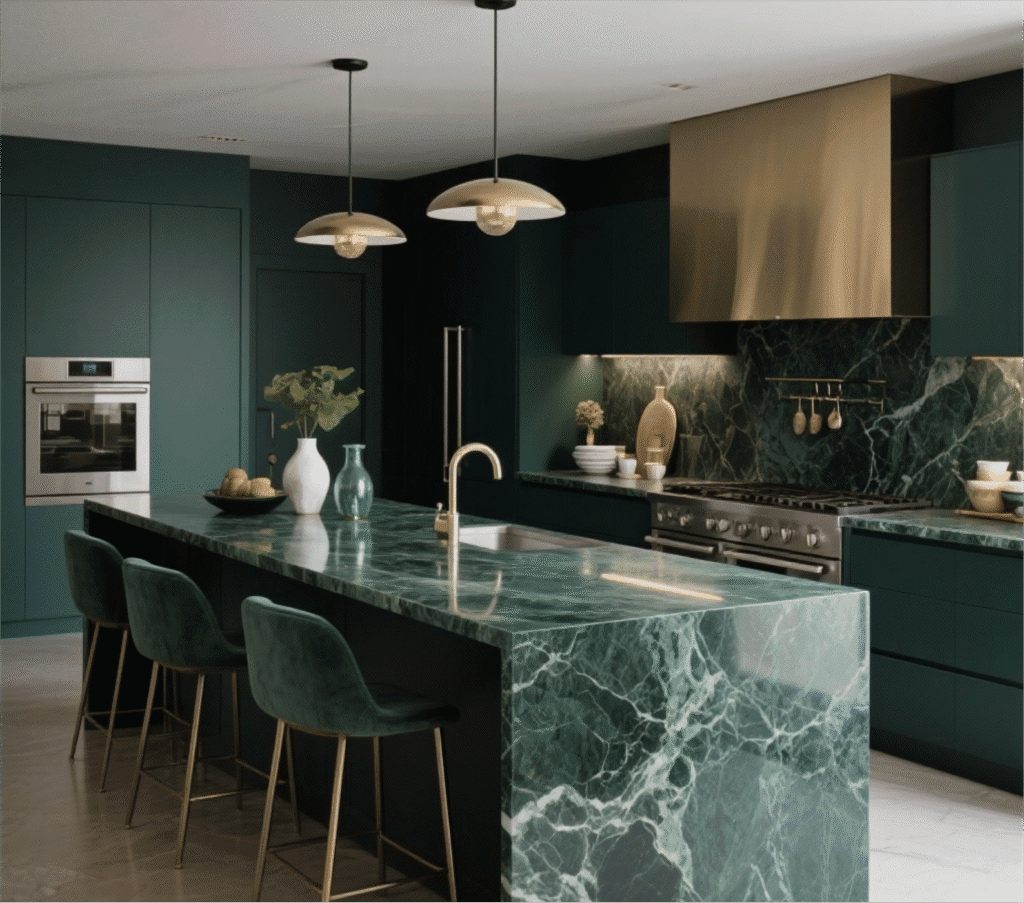 Luxury kitchen featuring Brazilian Aqua Fusion Quartzite countertops and island with vibrant aqua veining