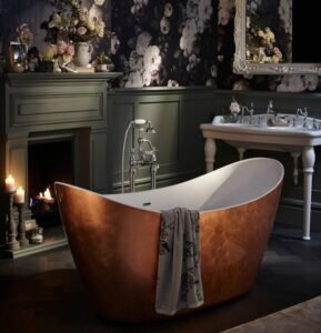 Vintage Copper Acrylic Bathtub features retro design, copper finish, adds opulent charm to luxury bathroom spaces with its elegant details.