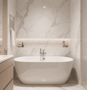 Luxe Acrylic Bathtub features premium design, marble backdrop, creates lavish ambiance in sophisticated bathroom interiors with its high-end look.