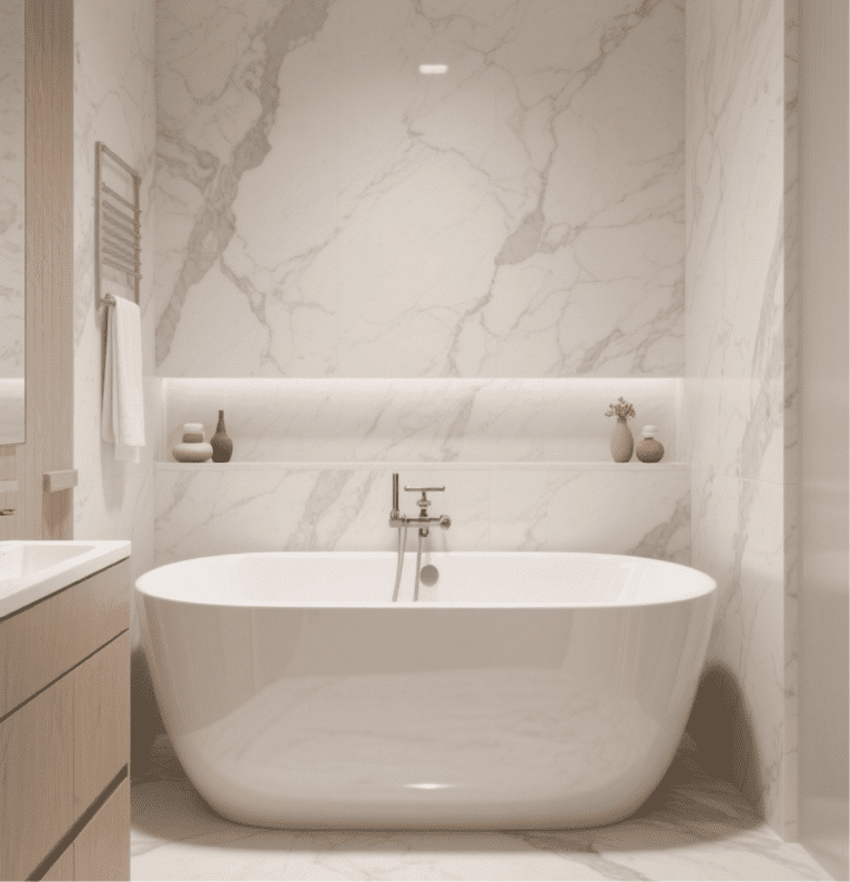 Luxe Acrylic Bathtub features premium design, marble backdrop, creates lavish ambiance in sophisticated bathroom interiors with its high-end look.