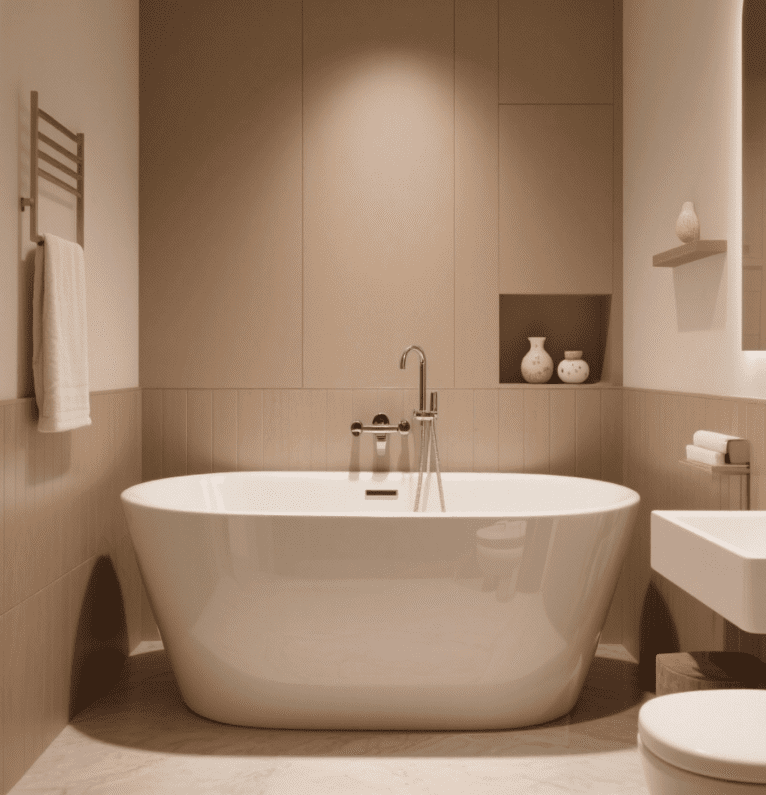 Cozy Acrylic Bathtub displays warm tones, soft design, adds comfortable charm to inviting bathroom spaces with its modern layout.