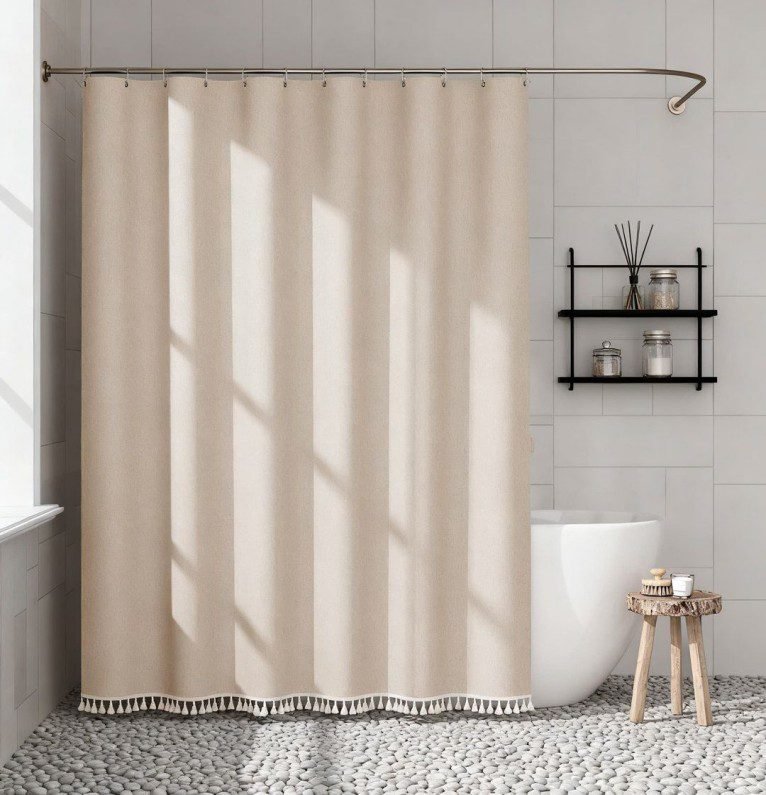 Beige Tassel Boho Shower Curtain