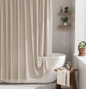 Beige Fringe Boho Shower Curtain boasts fringe detail, boho rustic, designed for warmth, creates inviting bohemian ambiance in rustic baths.