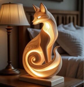 Wooden Fox Sculpture Bedside Lamp