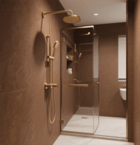 Modern Brass Shower Head features sleek design, gold finish, adds luxurious charm to bathrooms with its elegant structural details and high-end appeal.