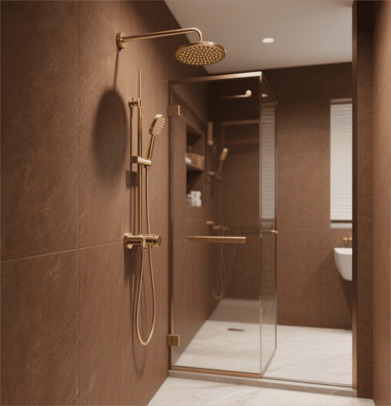 Modern Brass Shower Head features sleek design, gold finish, adds luxurious charm to bathrooms with its elegant structural details and high-end appeal.