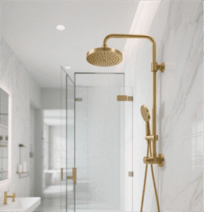 Minimalist Brass Shower Head boasts clean lines, gold finish, creates chic ambiance in bathrooms with its simple aesthetic and high-quality brass build.