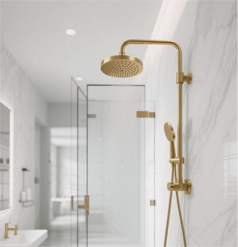 Minimalist Brass Shower Head boasts clean lines, gold finish, creates chic ambiance in bathrooms with its simple aesthetic and high-quality brass build.