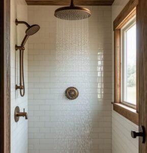 Rustic Brass Shower Head features warm tones, dual setup, creates cozy ambiance in bathrooms with its brass finish and traditional rustic style.