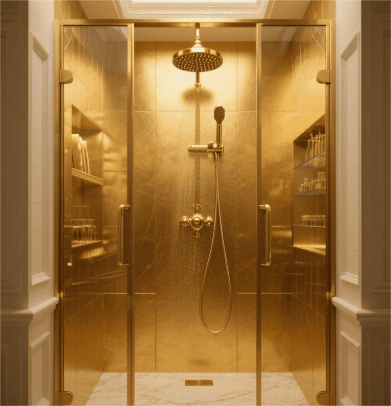 Luxury Brass Shower Head features premium design, full gold finish, creates opulent ambiance in bathrooms with its lavish brass build and high-end appeal.