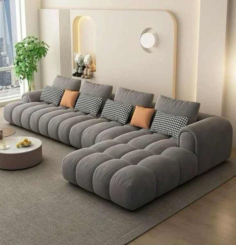 Grey Fabric Cloud Sofa features ample seating, spacious stylish, engineered for comfort, create warm ambiance in large living spaces.