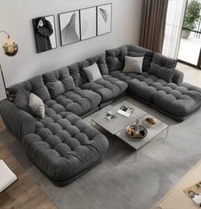 Dark Grey Corduroy Cloud Sofa displays textured design, cozy stylish, crafted with corduroy material, add snug charm to intimate living spaces.