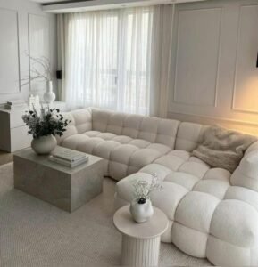 White Plush Cloud Sofa features sleek design, minimalist stylish, engineered for elegance, create refined ambiance in modern living rooms.