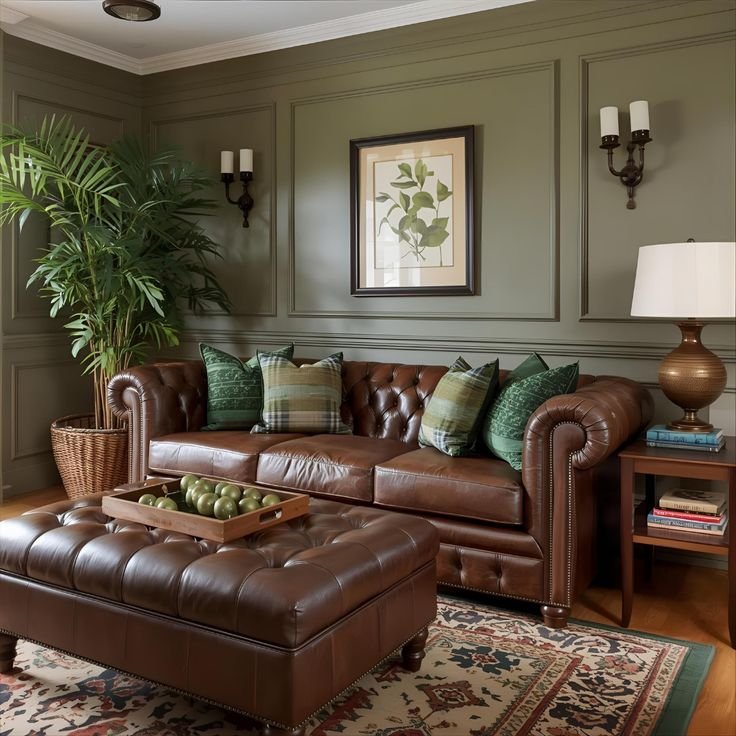 Brown Leather Chesterfield Sofa features tufted leather, traditional cozy, crafted with durable material, add warm charm to rustic living spaces.