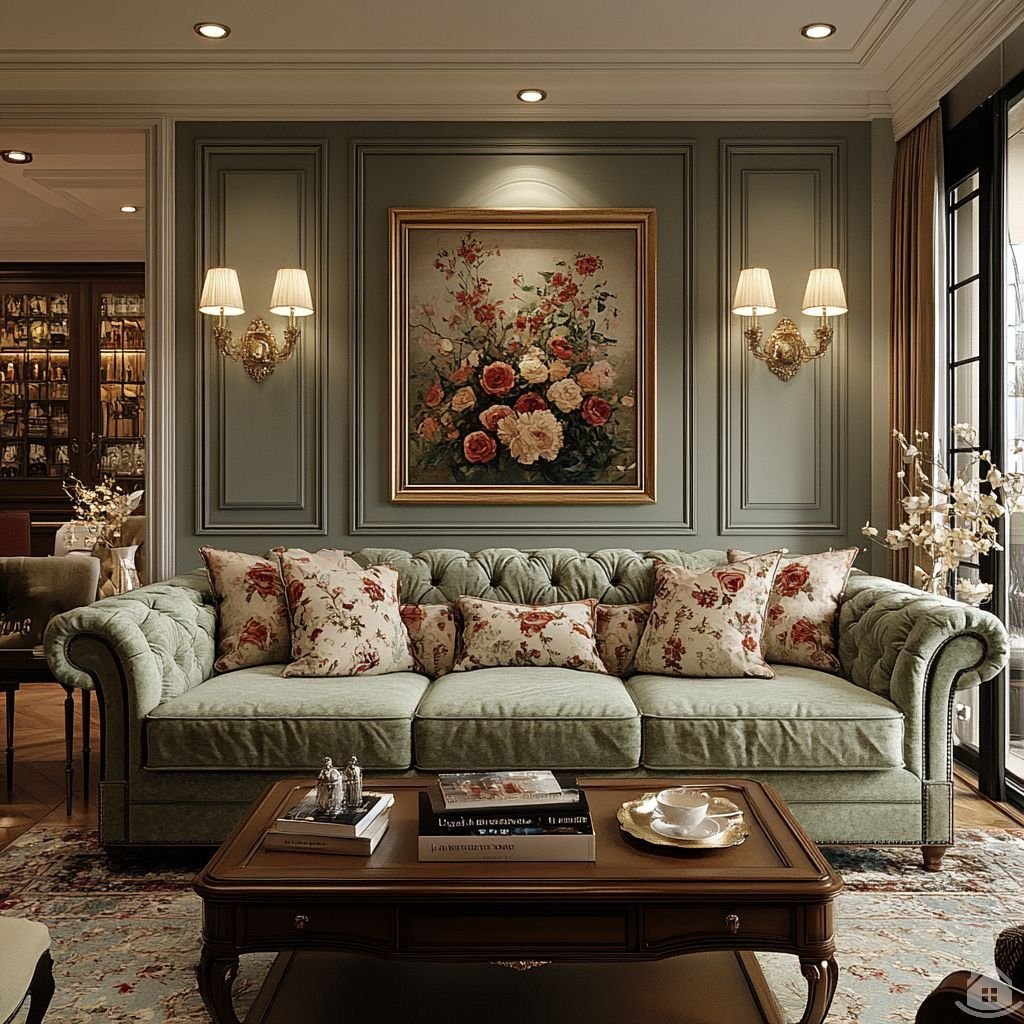 Green Fabric Chesterfield Sofa features tufted fabric, elegant stylish, crafted with soft material, add refined charm to upscale living spaces.