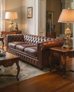 Vintage Brown Leather Chesterfield Sofa features classic tufting, American traditional, crafted with premium leather, add timeless charm to classic living spaces.