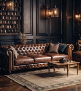 Brown Traditional Leather Chesterfield Sofa features tufted design, traditional elegant, crafted with premium leather, add timeless charm to classic living spaces.