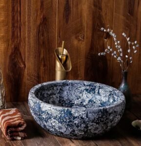 Floral Printed Ceramic Basin features dense patterns, retro hues, creates vintage ambiance in bathrooms with its ceramic printing and nostalgic details.