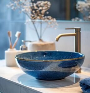 Blue Ceramic Basin with Gold Rim displays sleek design, metallic accents, adds modern charm to bathrooms with its ceramic finish and contemporary details.