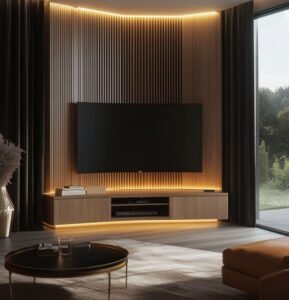 Wooden Modern Corner TV Stand features sleek design, integrated lighting, add chic charm to contemporary living spaces with its functional layout.