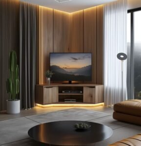 Wooden Minimalist Corner TV Stand displays clean lines, warm wood, create refined ambiance in modern living spaces with its simple design.