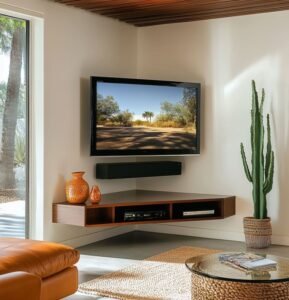 Wooden Floating Corner TV Stand displays sleek design, floating style, add dynamic charm to modern living spaces with its unique layout.