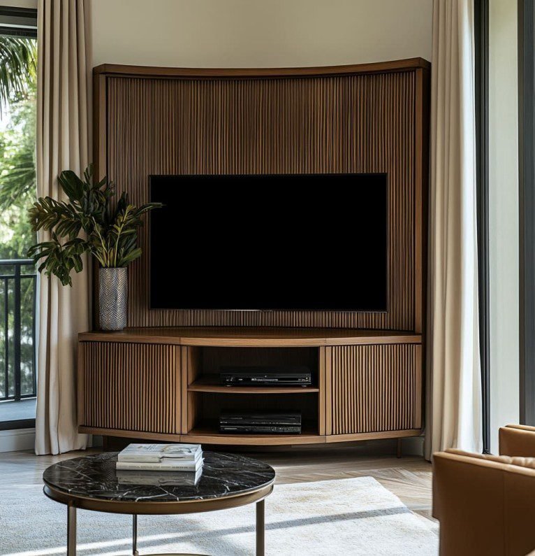 Wooden Floating Corner TV Stand displays sleek design, floating style, add dynamic charm to modern living spaces with its unique layout.