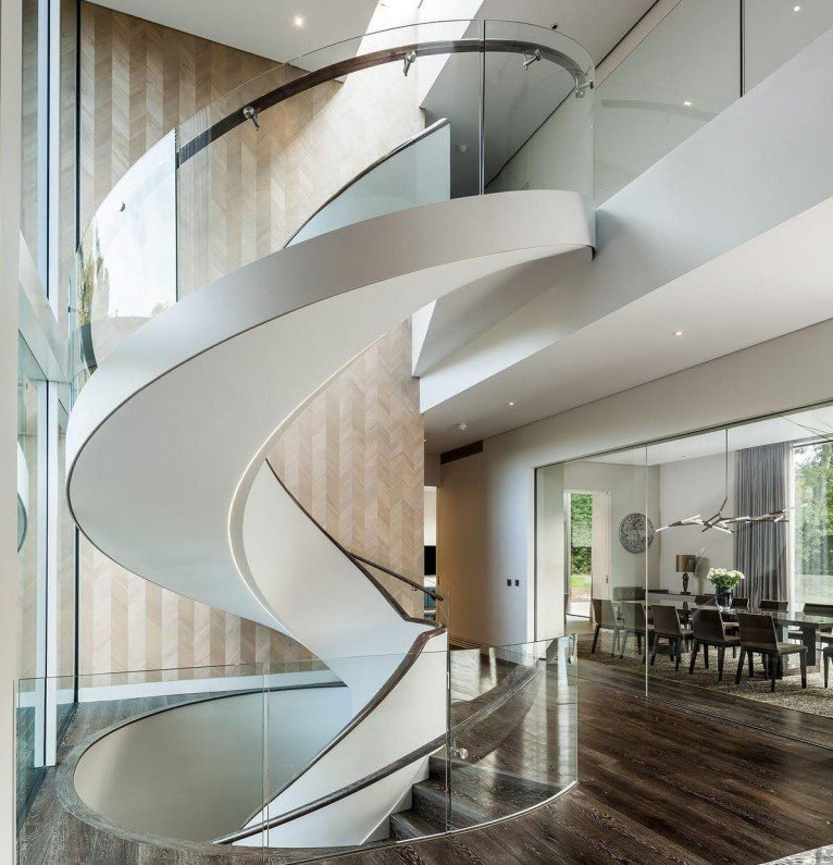 White Metal Glass Curved Staircase
