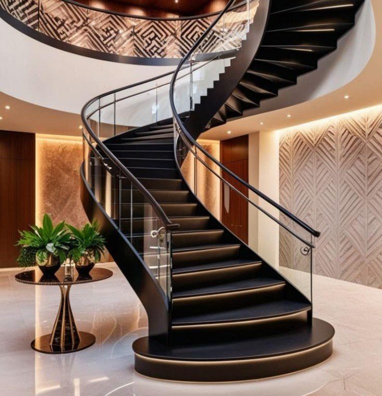 Black Metal Glass LED Curved Staircase