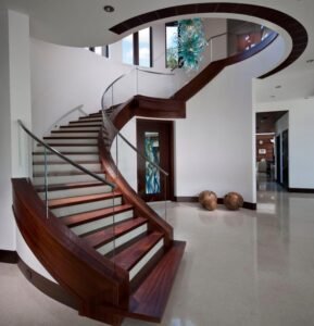 Dark Wood Glass Curved Staircase