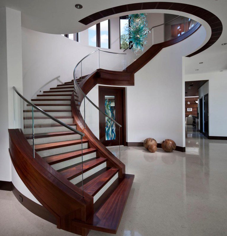 Dark Wood Glass Curved Staircase