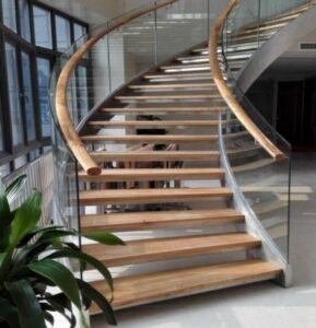 Light Wood Glass Curved Staircase
