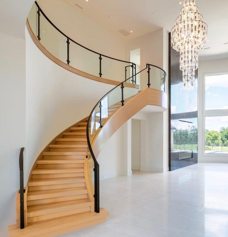 Light Wood Glass Curved Staircase