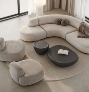 Beige Velvet Curved Sofa boasts soft velvet, cozy stylish, engineered for comfort, create warm ambiance in cozy living rooms.