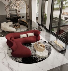 Burgundy Fabric Curved Sofa displays vibrant hue, bold stylish, crafted with durable fabric, add dynamic charm to artistic living spaces.