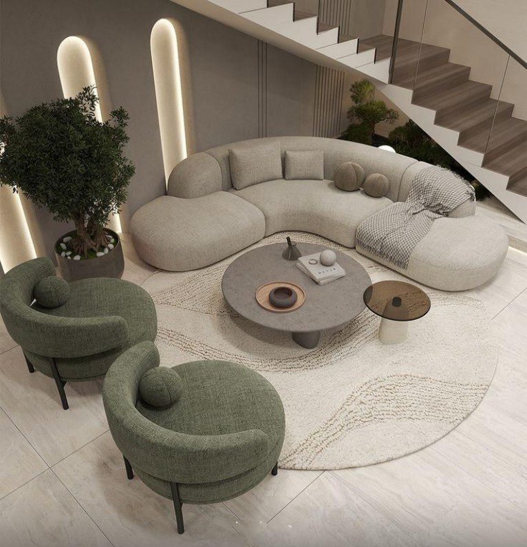 Beige Round Curved Sofa features circular design, minimalist stylish, engineered for space efficiency, create modern ambiance in minimalist living rooms.