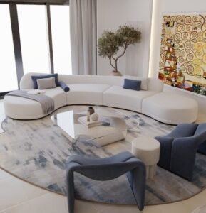 White Large Curved Sofa boasts ample seating, spacious stylish, crafted with premium fabric, add grand charm to large living spaces.