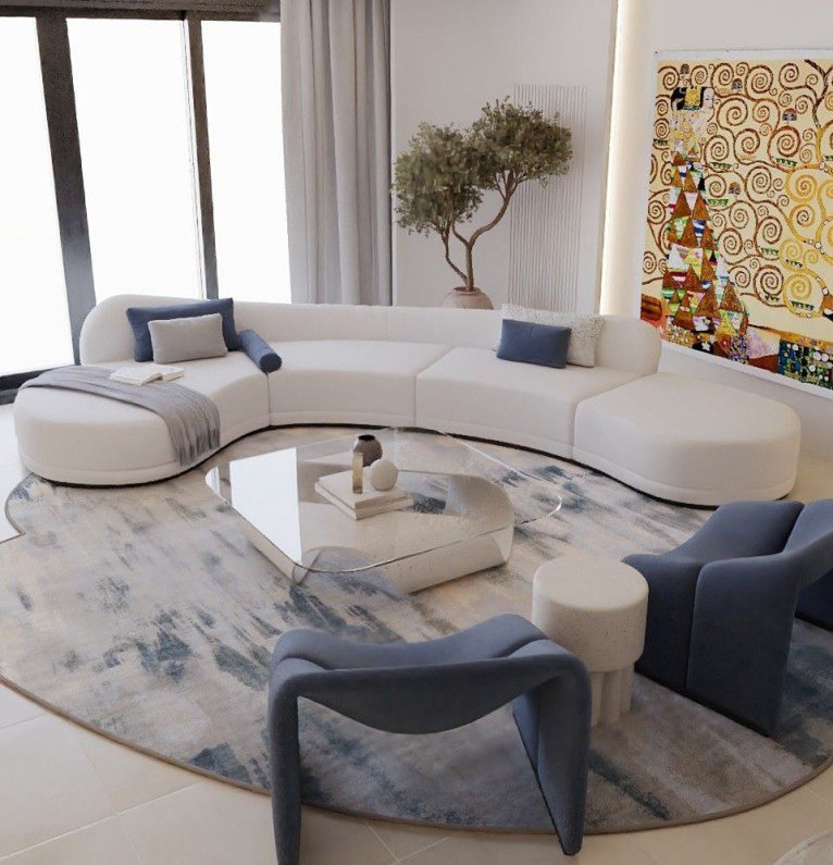 White Large Curved Sofa boasts ample seating, spacious stylish, crafted with premium fabric, add grand charm to large living spaces.