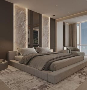 Grey Luxe Upholstered Double Bed boasts plush texture, luxury design, add opulent charm to high-end bedroom spaces.