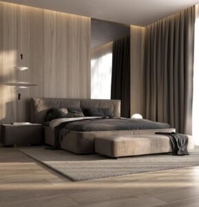 Dark Grey Leather Modern Double Bed features sleek leather, industrial style, create bold ambiance in modern bedroom spaces.