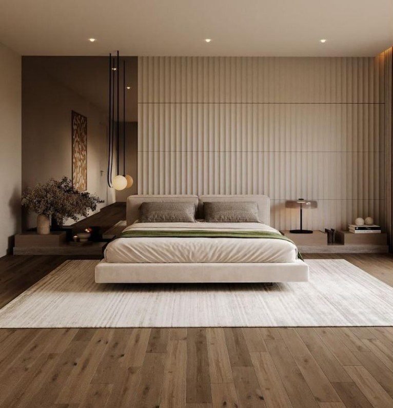 White Minimalist Double Bed with Green Accent displays clean design, minimalist style, add refined charm to simple bedroom spaces.