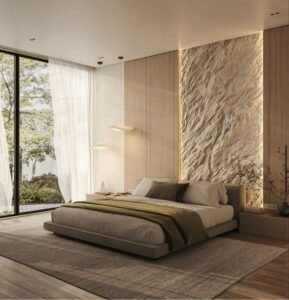 Grey Natural-Style Double Bed features earthy elements, natural design, create warm ambiance in nature-themed bedroom spaces.