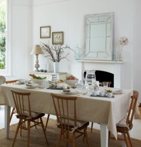 Beige Linen Vintage Dining Table displays classic design, rustic style, crafted with soft linen, create warm ambiance in cozy traditional dining spaces.