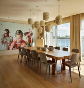 Natural Wood Artistic Dining Table boasts grand design, luxe style, crafted with natural wood, create vibrant charm in lake-view artistic dining spaces.